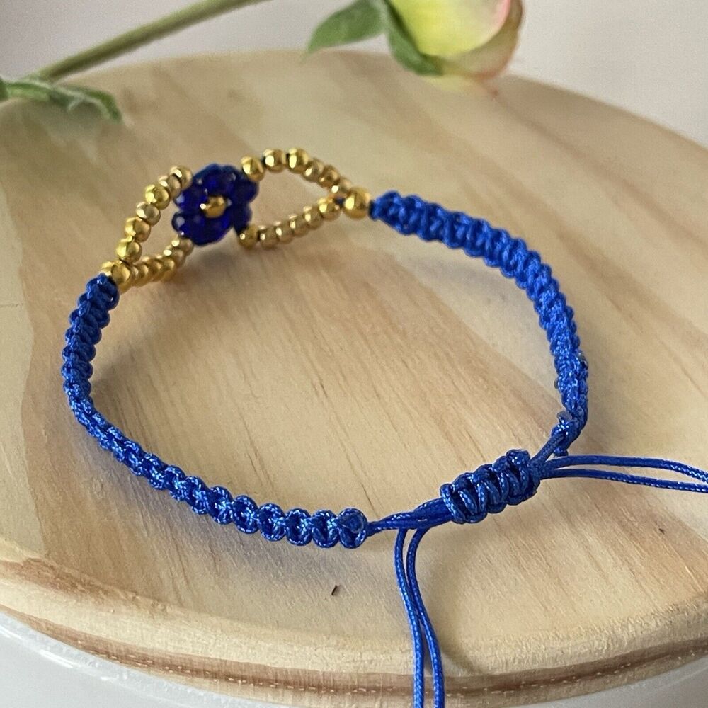Handmade Blue Macrame Bracelet Gold Beads Flower Adjustable Boho Jewelry Gift - Picture 6 of 12
